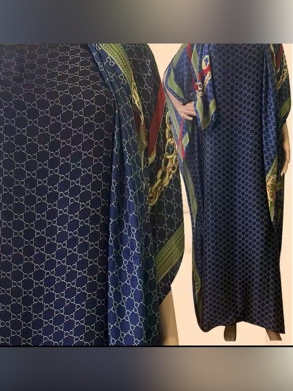 Elegant Navy Blue Chain-Print Maxi Dress